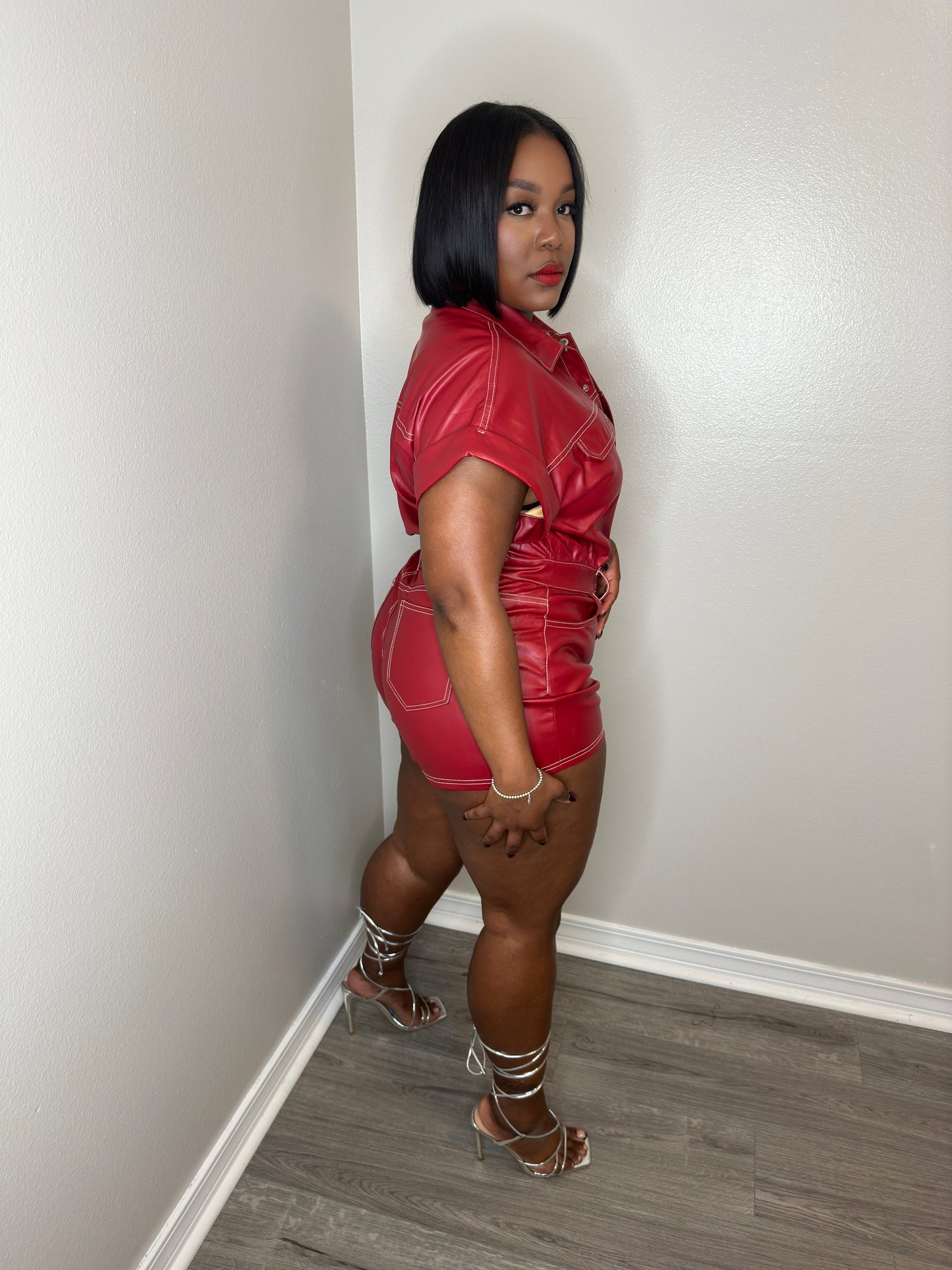 Deep Red Faux Leather Jumpsuit (shorts)