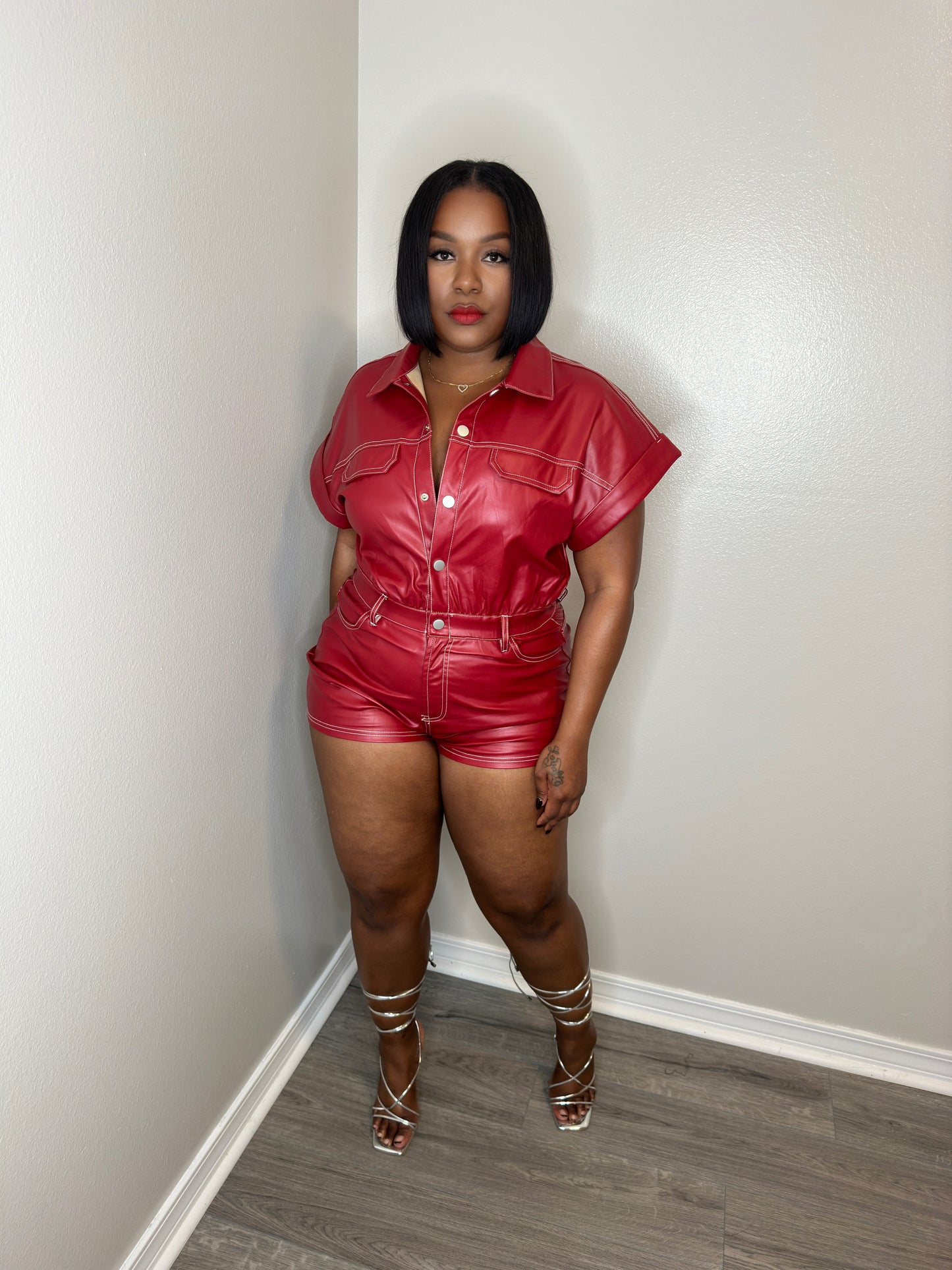 Deep Red Faux Leather Jumpsuit (shorts)