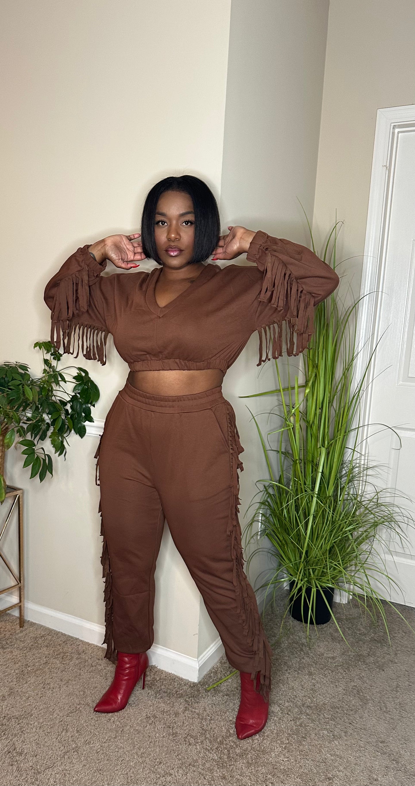 Mocha two-piece fringe set