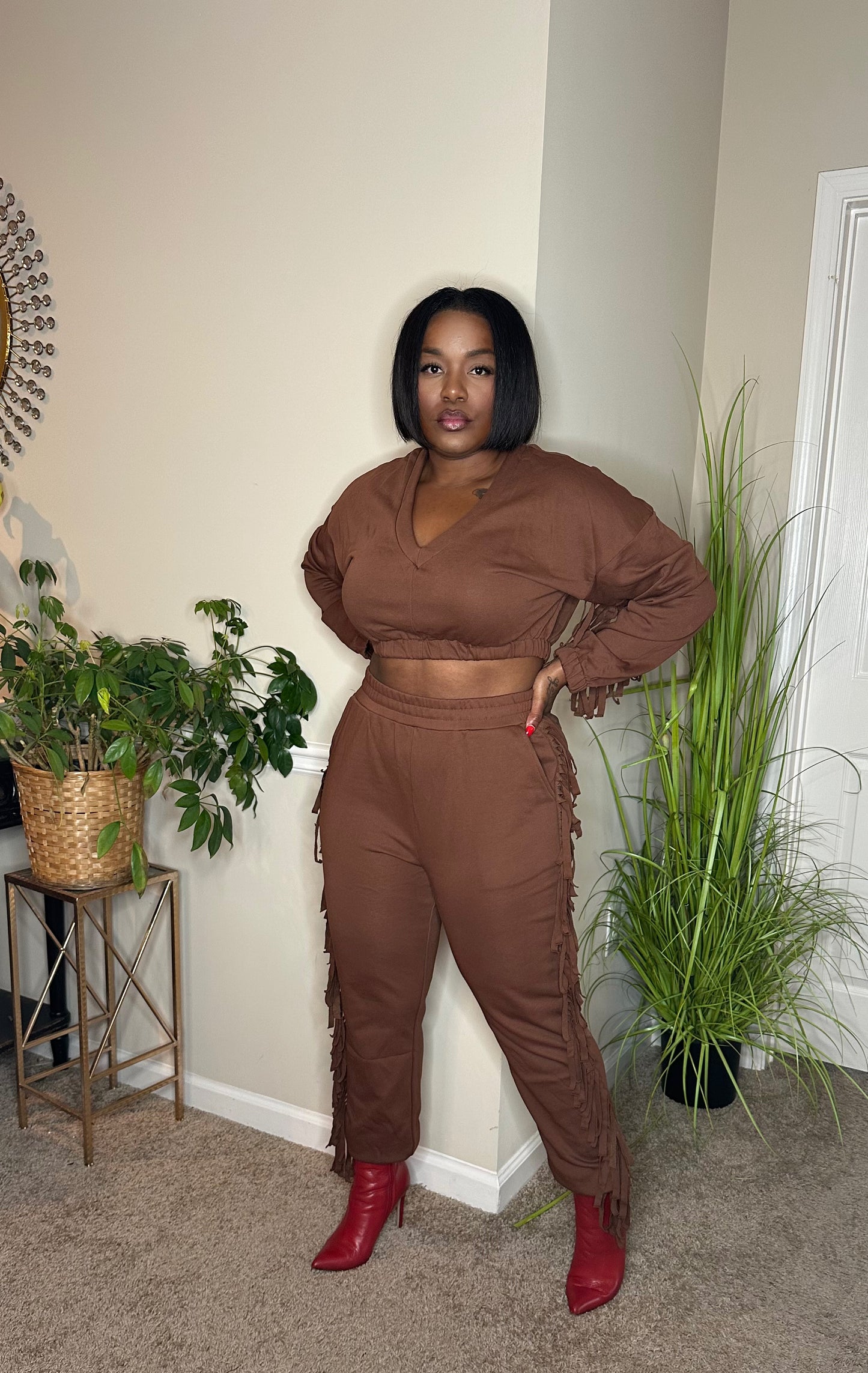 Mocha two-piece fringe set